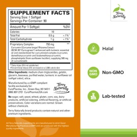 Terry Naturally CuraMed 750mg - Antioxidant Supplement for Brain & Heart Health Support - Dietary Supplement with High-Potency Curcumin Complex - Kidney, Liver & Immune Health Support - 90 Softgels