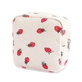 Long Keeper Small Cosmetic Bag Toiletry Bag with Compartments Mini Makeup Bag Strawberry Printing Corduroy Travel Toiletry Pouch for Women Girls Gift (Strawberry)