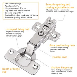 10 PCS Cupboard Hinges, Honeueuen Cabinet Hinges, Cold Rolling Hinge with Screws, Full Overlay Mute Kitchen Units Door Hinges for Bathroom Bedroom Dining Room