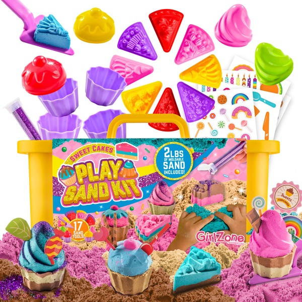 GirlZone Sweet Cakes Play Sand Kit, Fun Sand Box Toys Kit with 2lbs Moldable Sensory Sand and 17 Sandbox Sand Tools, Fun Sand Toys for Toddlers Age 3-5 and Sand Play Set