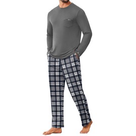 Ekouaer Men's Winter Pyjamas 2 Piece Round Neck Homewear Set Long Sleeve Pajama Sets with Elastic Waistbands, Dark Gray, S