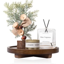 Round Decorative Tray Wood Bathroom Counter Organizer Farmhouse Kitchen Decor Wooden Riser for Soap Dish, Perfume, Candle, Sponge, 9" - Walnut