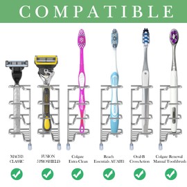 Linkidea 2 Pack Toothbrush Holder Wall Mounted, Stainless Steel Electric Toothbrush Stand Rack for Shower Bathroom, Self Adhesive 3 Slots Toothbrush Toothpaste Razor Countertop Organizer (Silver)