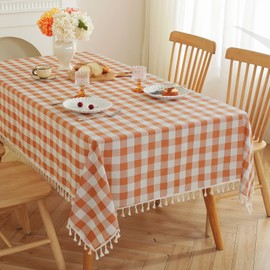 JIALE Orange Checkered Table Cloth Rectangle Cotton Linen Fabric Gingham Tablecloth with Tassel Washable Wrinkle Free Buffalo Plaid Table Cover for Fall Picnic Kitchen Dining,Orange and White,55x106''