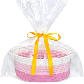 ABenkle Small Basket with Gift Bag and Ribbons, 12"x 8" x 5" Cute Small Woven Basket, Rope Shelf Toys Storage Basket with Handle, Decorative Empty Gift Basket