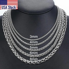 3/4/5/6/8mm Braided Wheat Link Chain for Men Women Stainless Steel Spiga Franco Necklace Hip Hop Jewelry18-24inchColor: Width 4mm-22inch(55cm)
