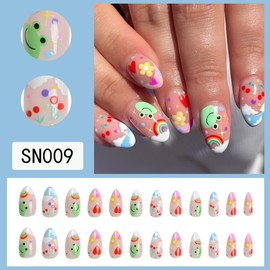 Almond Press on Nails Cute Fake Nails with Flower Rainbow Frog Design French Tip Nails Summer Glue on Nails Medium Acrylic Nails Cartoon False Nails Glossy Stick on Nails for Women Manicure 24Pcs