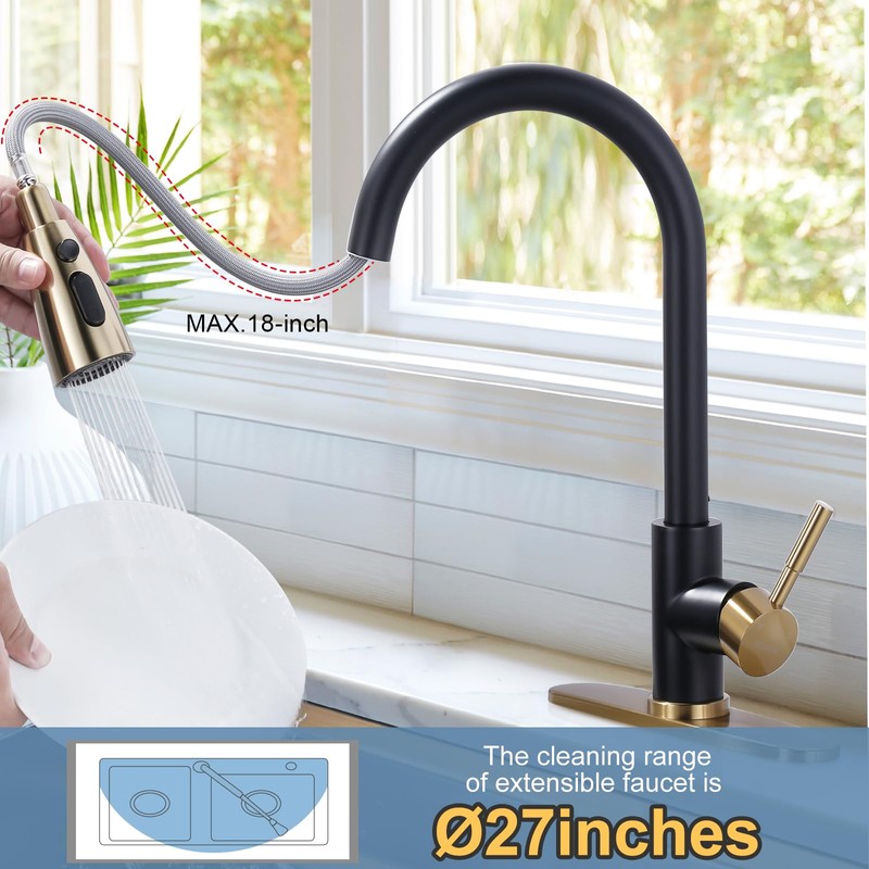 Black and Gold Kitchen Faucet with Sprayer, WOWOW Kitchen Sink