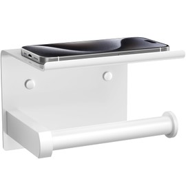 Tindbea Toilet Paper Holder with Phone Shelf, Adhesive or Screw Wall Mount Toilet Tissue Roll Holder, Rustproof & Multifunctional Stainless Steel Bathroom Storage Dispenser (White)