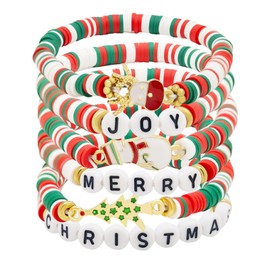 LsdgFriday Christmas Bracelets for Women 6Pcs Xmas Holiday Bracelet Joy & Merry Teens Christmas Gifts Layering Stretch Snowman Bracelets Set
