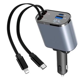 120W Retractable Car Charger, 4-in-1 Car Charger Adapter with Retractable Cables and Voltage Display, For 12V/24V Vehicles