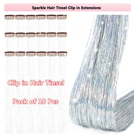 Obinying Hair Tinsel Pack of 18 Pcs Hair Tinsel Clip in 20.5 Inch Glitter Tinsel Hair Extensions Clip in Hair Tinsel Kit Party Festival Fairy Hair Accessories for Girls Women Kids (Silver)