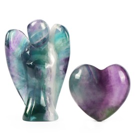 Artistone Rainbow Fluorite Crystal Guardian Angel and Heart Stone Set, Natural Healing Pocket Angel Figurines Small Love Heaven Gemstones for Your Love