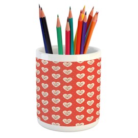 Ambesonne Love Pencil Pen Holder, Hipster Hearts Pattern with Love You Texts Heart Shapes Valentines Day Theme, Printed Ceramic Pencil Pen Holder for Desk Office Accessory, Vermilion Multicolor