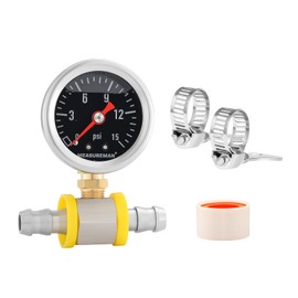 MEASUREMAN 0-15 Psi Glycerin Filled Fuel Pressure Gauge, 1.5” Dial, 304 Stainless Steel Case, 1/8” NPT Lower Mount, with 3/8” Fuel Line Adapter, Copper Tube & Fittings, Red Aluminum Pointer