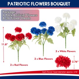 PARBEE Artificial Marigold Flowers, 6 Pack Patriotic Flowers Bouquet with 36 Silk Flower Heads for 4th of July Memorial Day Table Centerpiece Vase Decor - Red, White, Blue