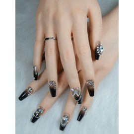 Duotaoii Coffin Press On Nails Medium Fake Nails Handmade False Nails Black White Diamond ButterFly Nail Charms, Acrylic Nail Kit Gel Nails,Reusable Stick on Nails for Women 10pcs M