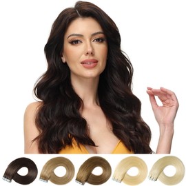 ROSEBUD Tape in Hair Extensions REMY Human Hair, Secure Skin Weft Hair Extensions Seamless 50g/Pack 20Pcs 14 Inch Medium Brown & Dark Blonde Mixed
