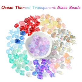 Echoed Elegance Ocean Glass Kandi Beads for Jewelry Making Bracelets Colorful Summer Themed Starfish Shell Sea Animal Bead Bulk for Necklace Party DIY Craft Supplies 50Pcs