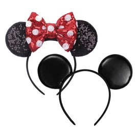 JIAHANG Mouse Ears Hair Bow Headband with Polka Dots and PU Ears Hairbands 2 Pcs Party Headwear for Unisex Women Men Couple