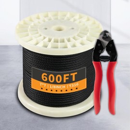 600FT 1/8" Stainless Steel Cable Black 7x7 Strands Aircraft Cable T316 Wire Rope with Cable Cutter 1800lbs Breaking Strength for Deck Cable Railing, Stair, Fence, DIY Balustrades