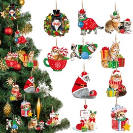 Tiamon 20 Pcs Christmas Wooden Ornaments For Tree Christmas Hanging Decoration Assorted Puppy Dog Cat Cow Bear Cardinal Birds Christmas Tree Ornament Set Pendants for Xmas Holiday Decor (Cat)