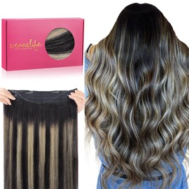 WENNALIFE Wire Hair Extensions, 16 inch 95g Balayage Natural Black to Light Blonde Human Hair Extensions Real Hair Extensions Invisible Fish Line Remy Hair Extensions Secret Wire Hair Extension