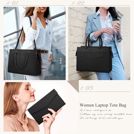 Laptop Bag for Women 15.6 inch Leather Tote Bag 2pcs Set Professional Work Bag with Clutch Purse Large Office Computer Bag Teacher Bag Shoulder Bag, Black