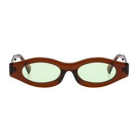 LJCZKA Retro Oval Narrow Small Frame Sunglasses Trendy Classic 90s Style Unisex Round Through Tinted Lens Sun Glasses for Women Men UV400 Protection (ClearBrownGreen)