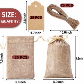 Homum 25PCS Burlap Gift Bags with Drawstring and Gift Tags & String, 5x7 Inch Party Favor Gift Bags, Burlap Bags Linen Jewelry Pouches, Jute Bags for Party, Wedding, Jewelry Pouches, Christmas,