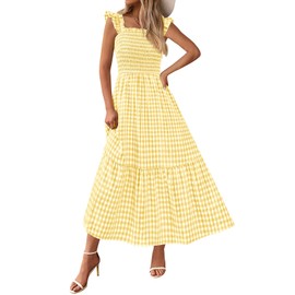PRETTYGARDEN Women's Summer Dress Casual Square Neck Ruffle Strap Gingham Smocked Midi Flowy A Line Beach Vacation Sun Dresses 2025 (Light Yellow, M)