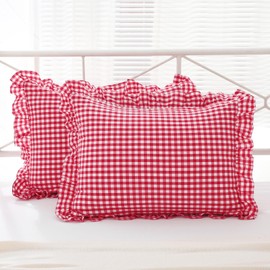 K MASANIJI 2 Pack Red White Plaid Ruffle Gingham Pillow Shams Standard Size 20x26 inches, 100% Washed Cotton Buffalo Checkered Farmhouse Bed Pillow Covers (20x26 inches,Red/White Plaid)
