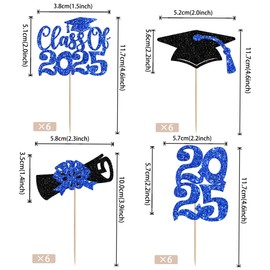 Cupcake-Topper für 2025, Glitzer-Diplom, Congrats Grad, Cupcake-Picks, Klasse 2025, Kuchendekorationen für Schulabschluss, Motto-Party, Kuchendekorationen, Zubehör, Blau, 24 Stück