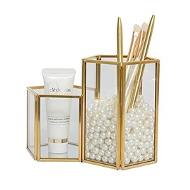 SLHEQING Makeup Brush Holder Gold Cosmetic Organiser 2 Compartments Glass Jewellery Brush Holder for Brush, Eyeliner, Pen, Lipstick and More