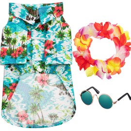 3 Pieces Small Dog Hawaiian Costume Puppy Halloween Cool T-Shirts Summer Clothes with Retro Sunglasses and Colorful Wreath Hawaiian Shirts Costume for Small to Medium Dogs Pet(Green Series)