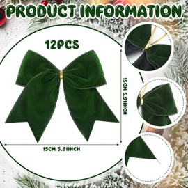 Janinka 12 Pcs Christmas Velvet Bows 6 Inch Rustic Wreath Gift Bows Vintage Xmas Velvet Ribbon Bow Holiday Ornaments for Christmas Tree Garland DIY Craft Wrapping Decor (Green)