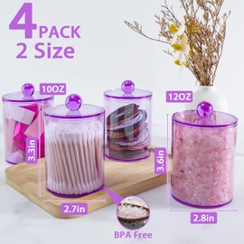 XIPENGKEJI 4 Pack Qtip Holder,Canister Apothecary Jar Set, Bathroom Jars with Lids Set for Cotton Swabs, Balls, Pads, Floss Picks,10oz-12oz Plastic Canisters Restroom Bedroom Vanity Organizer(Purple)