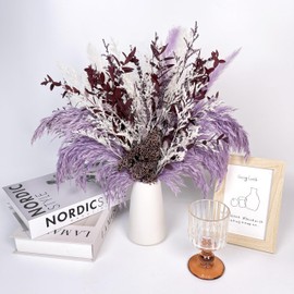Decorative Dried Flower Bouquet, Natural Pampas Grass and Baby's Breath Arrangement, White Ceramic Vase, Home Decor (Purple and Pink)