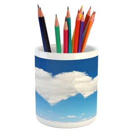 Lunarable Valentines Day Pencil Pen Holder, Love is in the Air Fluffy Cloud in a Clear Sky Romantic Artwork Theme, Printed Ceramic Pencil Pen Holder for Desk Office Accessory, Blue and White