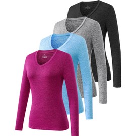 Ullnoy Women's Long Sleeve V Neck T Shirts Long Sleeve Workout Tops for Women V Neck Moisture Wicking Long Sleeve Tee 4 Pack Black/Gray/Blue/Rose XL