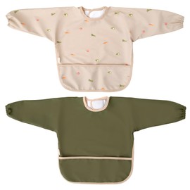 MIMUSELINA Pack of 2 Baby Bibs with Sleeves, Waterproof, Waterproof Baby Bib with Adjustable Velcro Fastening, Elastic Cuffs and Front Pocket, Green, One size fits all