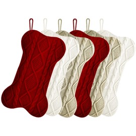 18 Inch Christmas Stockings,Burgundy Ivory and Khaki Knit Bulk Double Side Vintage Dog Xmas Stockings for Family Dogs Pets,6 Pack