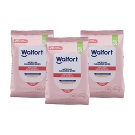 Walfort | Toallitas húmedas desmaquillantes con agua micelar. Biodegradables, elaboradas a base de plantas, hipoalergénicas. Caja con 3 paquetes de 25 pz c/u.