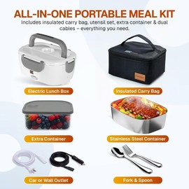 FORABEST Heated Lunch Box, 80W Electric Lunch Box for Adults, Portable Food Warmer with 1.5L Stainless Steel Container, Utensils, Carry Bag & Leakproof Lid, 12V/24V Car/Truck & 110/120V Home/Office