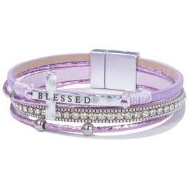 FANCY SHINY Cross Leather Wrap Bracelets Christian Jewelry Religious Baptism Gifts for Women Boho Bead Charm Bracelets with Magnetic Clasp(Purple)
