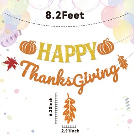 Happy Thanksgiving Banner - Happy Fall Thanksgiving Mantle Fireplace Decorations, Autumn Harvest Holiday Outdoor Home Office Classroom Hanging Decor Gold & Orange Glitter