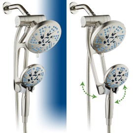Hotel Spa AquaCare Spa Station High Pressure 48-mode Rain & Handheld 3-way Shower Head Combo with Adjustable Arm - Anti-clog Nozzles, Extra-long 6 ft Stainless Steel Hose, Wall Bracket/Nickel Finish