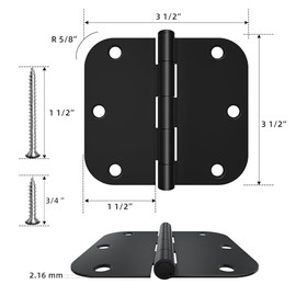 HOSOM - Paquete de 12 bisagras redondeadas para puerta de color negro mate de 3.5 x 3.5 pulgadas con radio de 5/8, bisagras de puerta interiores negras de 3 1/2, herrajes de 3 ½ "x 3 ½"