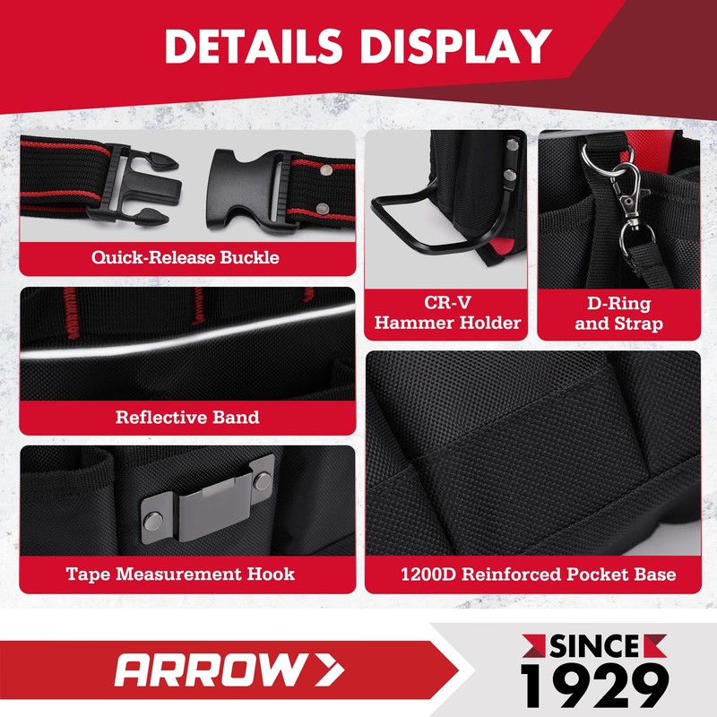 ARROW Tool Belt Heavy-Duty, Electrician Tool Pouch with 10 Pockets