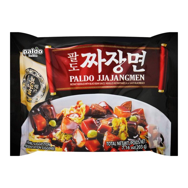 Paldo Fun & Yum Jjajangmen Instant Noodles, Pack of 32, Brothless Chajang Ramen with Savory & Sweet Black Bean Sauce, Oriental Style Korean Ramyun, Soupless K-Food, Family Pack 203g x 32